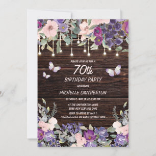 Invitation Papillons aux fleurs rose pourpre Bois rustique 70