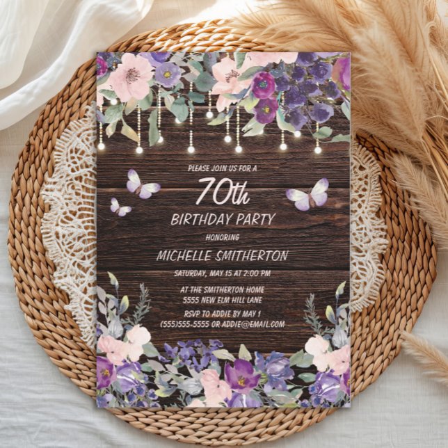 Invitation Papillons aux fleurs rose pourpre Bois rustique 70 (Purple and pink watercolor floral and butterflies on rustic wood 70th birthday party invitation)