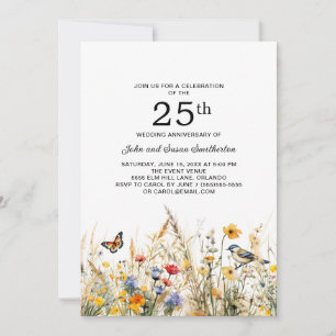 Invitation Papillons aux oiseaux fleur sauvage 25e anniversai
