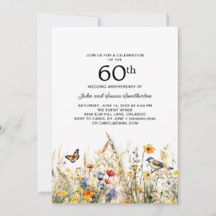 Invitation Papillons aux oiseaux fleur sauvage 60e anniversai