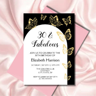 Invitation Papillons Black Gold moderne Fabuleux anniversaire