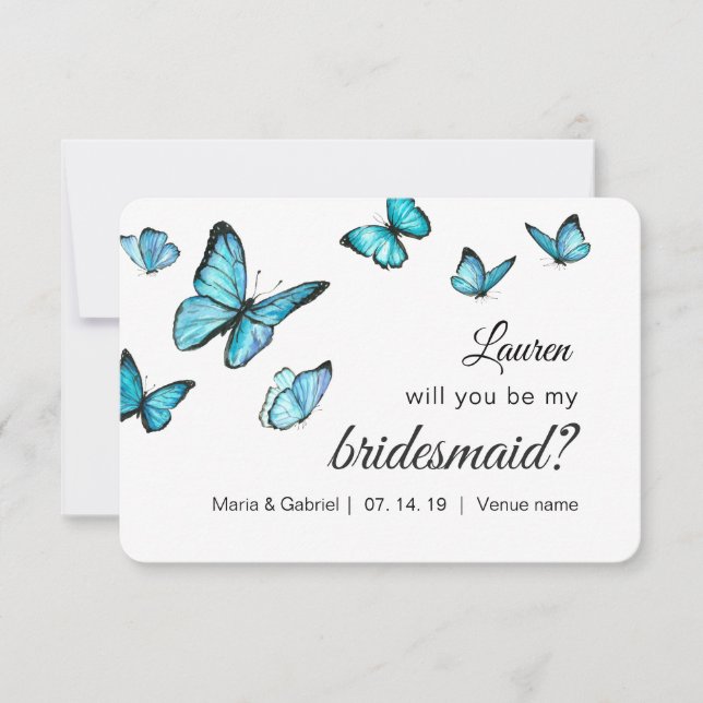 Invitation Papillons bleu aquarelle serez-vous ma mariée I (Devant)