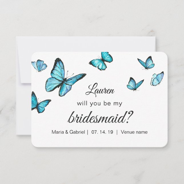 Invitation Papillons bleu aquarelle tu seras ma mariée (Devant)
