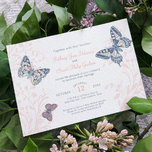 Invitation Papillons bleu corail encre art mariage photo