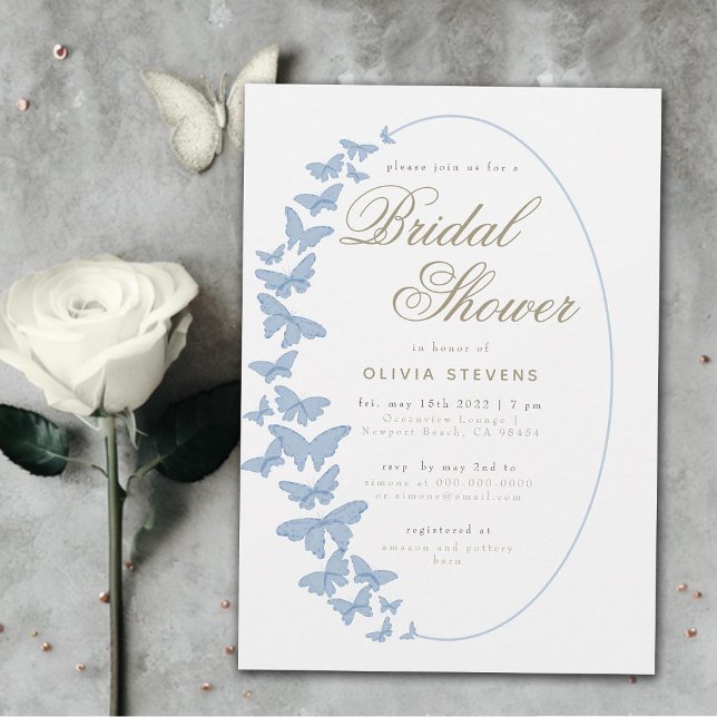 Invitation Papillons bleu Dusty Boho Elégante Fête des mariée (dusty blue butterflies boho frame elegant bridal shower invitation modern romantic chic stylish chic)