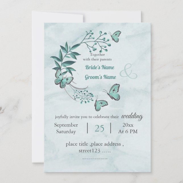 Invitation papillons bleu romantique feuille fleuri mariage (Devant)