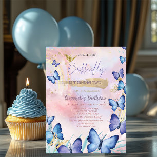 Invitation Papillons Bleus Aquarelle Anniversaire Arc-en-Ciel