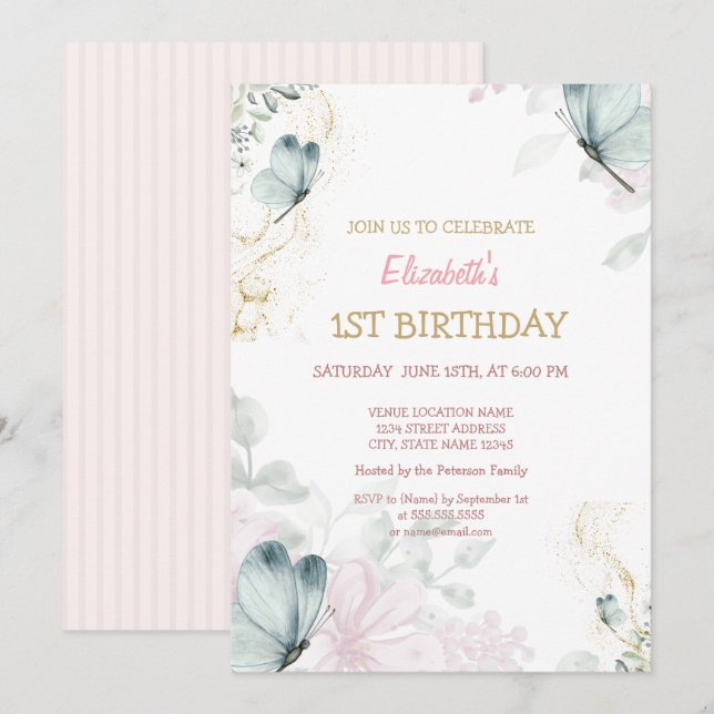 Invitation Papillons bleus aquarelle rayure rose Anniversaire (Devant / Derrière)