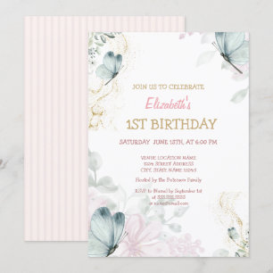 Invitation Papillons bleus aquarelle rayure rose Anniversaire