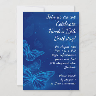Invitation Papillons Bleus Électriques Anniversaire Adolescen