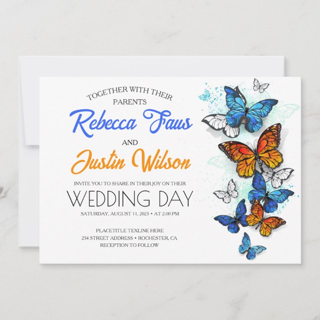 Invitation Papillons bleus et orange Morpho Monarque (Devant)