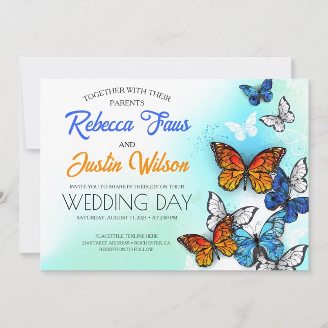 Invitation Papillons bleus et orange Morpho Monarque (Devant)