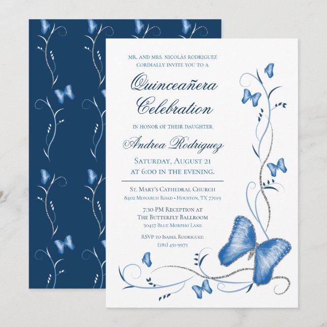 Invitation Papillons bleus et perruques Quinceanera (Devant / Derrière)