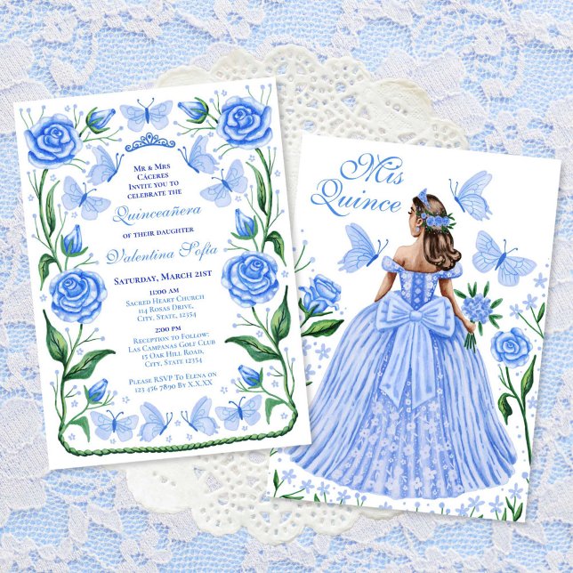 Invitation Papillons bleus et princesse Rose Quinceanera (Blue Butterflies and Roses Princess Quinceanera Invitation)