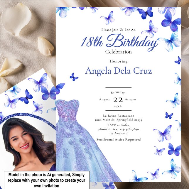Invitation Papillons Bleus Et Robe Début 18ème Anniversaire (Créateur téléchargé)