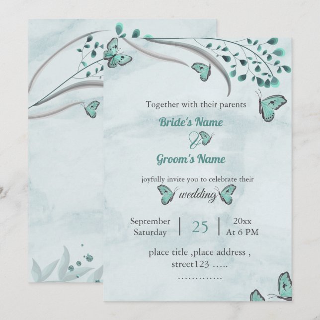 Invitation papillons bleus feuille mariage (Devant / Derrière)