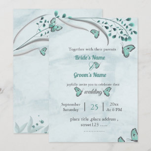 Invitation papillons bleus feuille mariage