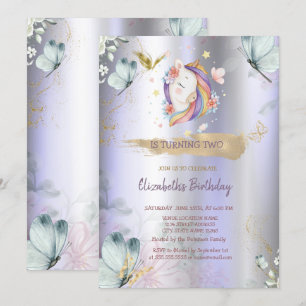 Invitation Papillons Bleus Licorne Métallisé Violet Anniversa