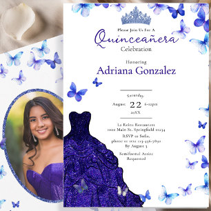 Invitation Papillons bleus Robe Tiara Photo Quinceanera