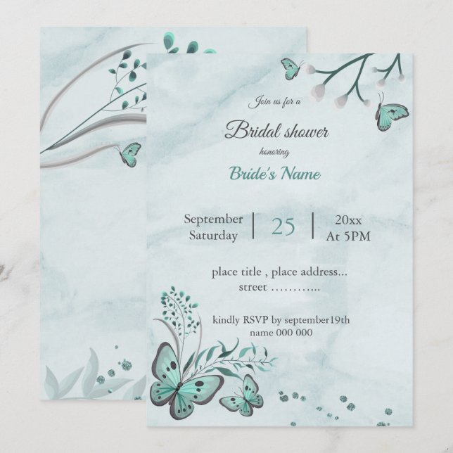 Invitation Papillons bleus turquoises et douche nuptiale feui (Devant / Derrière)