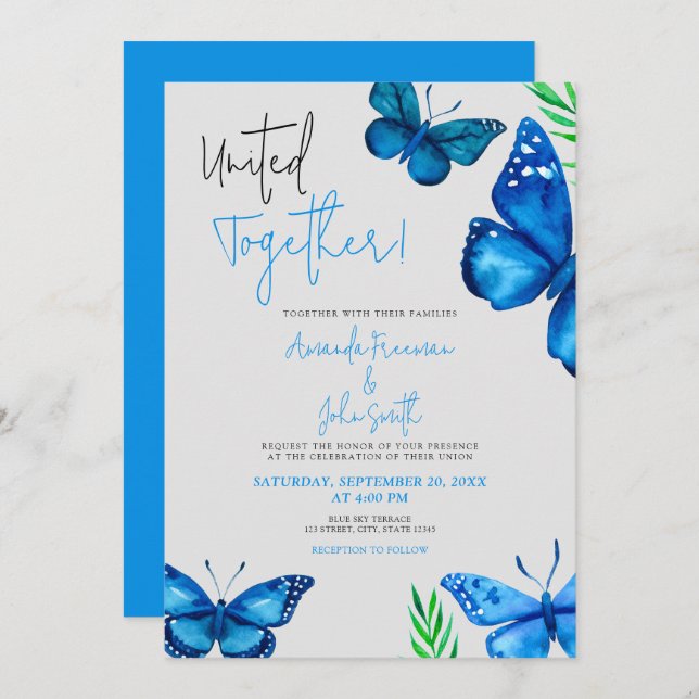 Invitation Papillons bleus vibreux et Mariage Plante (Devant / Derrière)