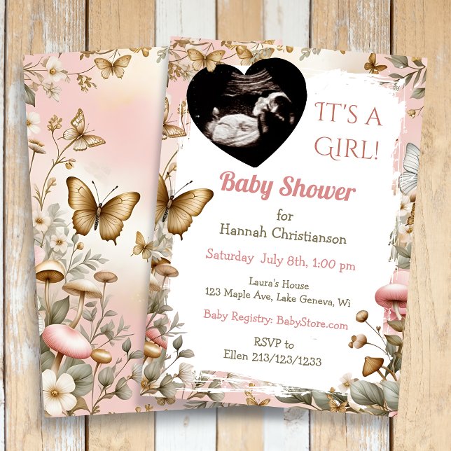 Invitation Papillons botaniques et baby shower échographie   (Créateur téléchargé)