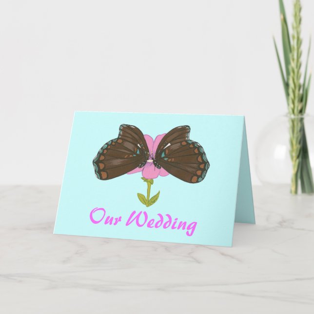 Invitation Papillons bruns sur Fleur rose, Mariage invite (Devant)