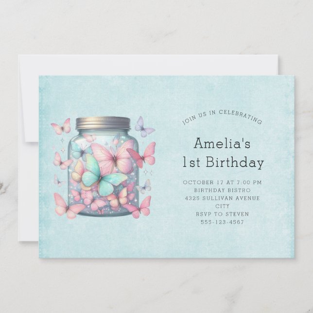 Invitation Papillons Capricieux dans un Pot d'Anniversaire (Devant)