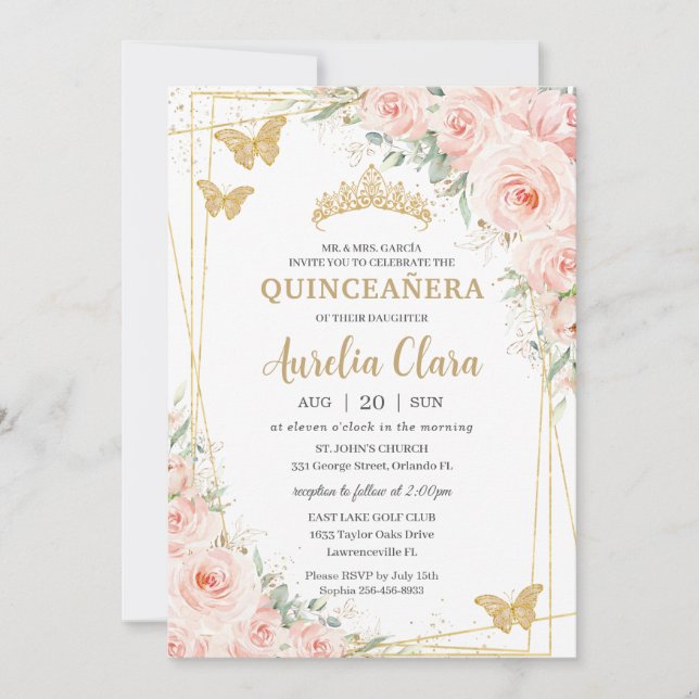 Invitation Papillons Champange Floral Blush Quinceanera (Devant)