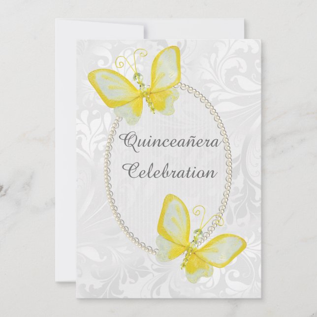 Invitation Papillons chic Damask Quinceañera recto-verso (Devant)