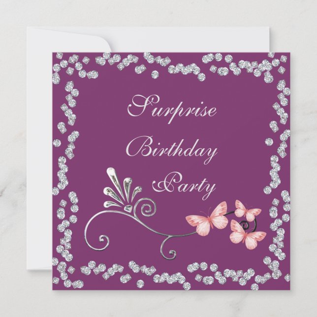 Invitation Papillons Chic & Diamants Surprise Anniversaire (Devant)
