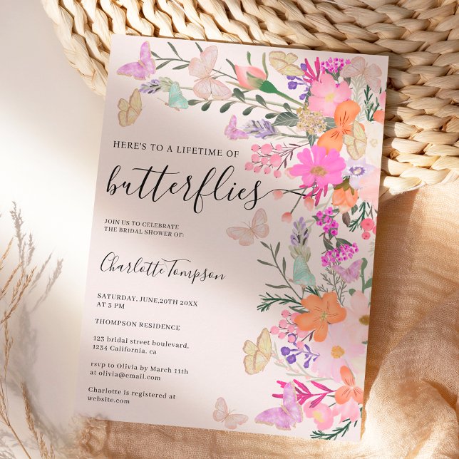 Invitation Papillons chic fleur sauvage douche de printemps (Butterflies chic wildflowers spring bridal shower invitation)