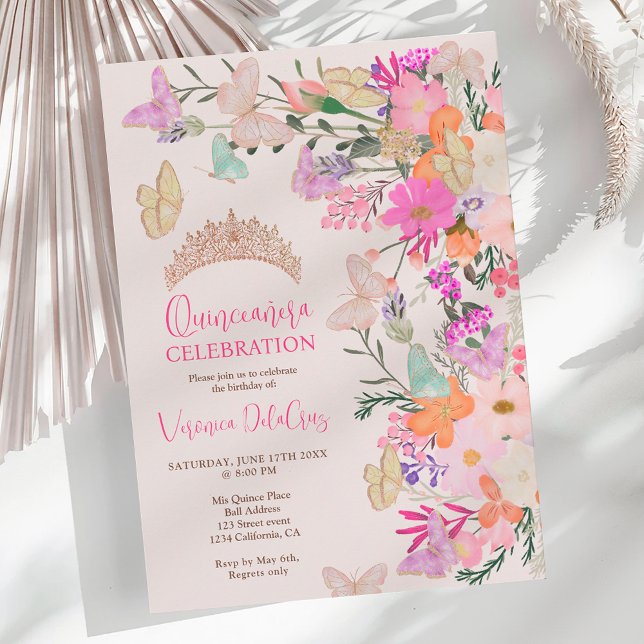 Invitation Papillons chic fleur sauvage quinceanera de printe (Butterflies chic wildflowers spring quinceanera invitation)