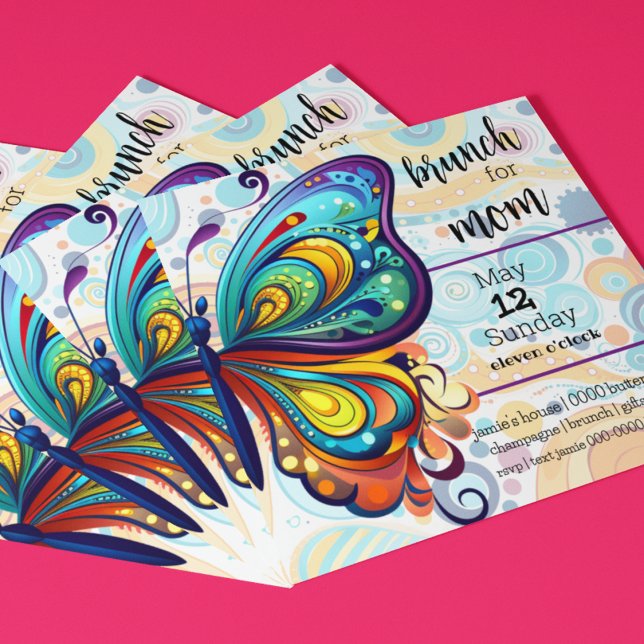Invitation Papillons colorés | Brunch pour maman (Bright & bold butterflies on a customizable Mother's Day Brunch invitation. Rainbow themed. )