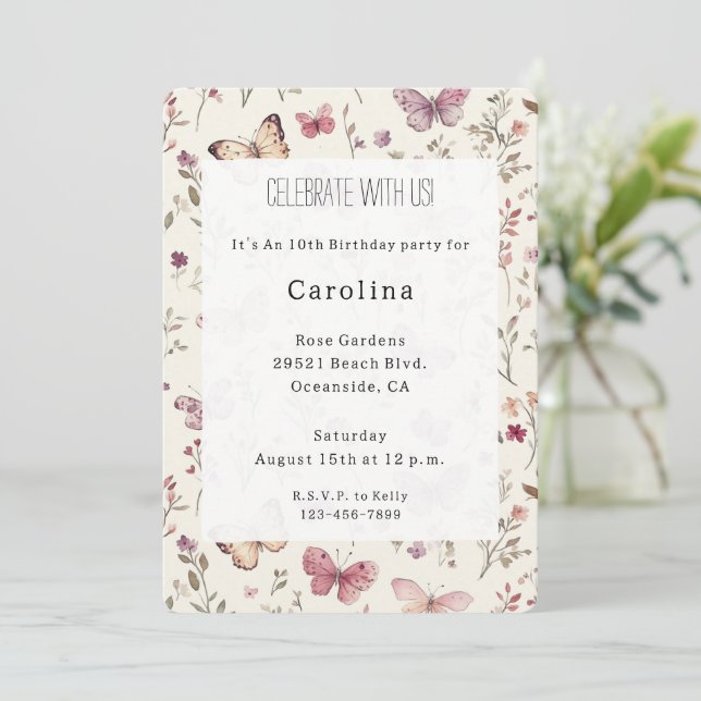 Invitation Papillons Crème Violette Florale Anniversaire   (Debout devant)