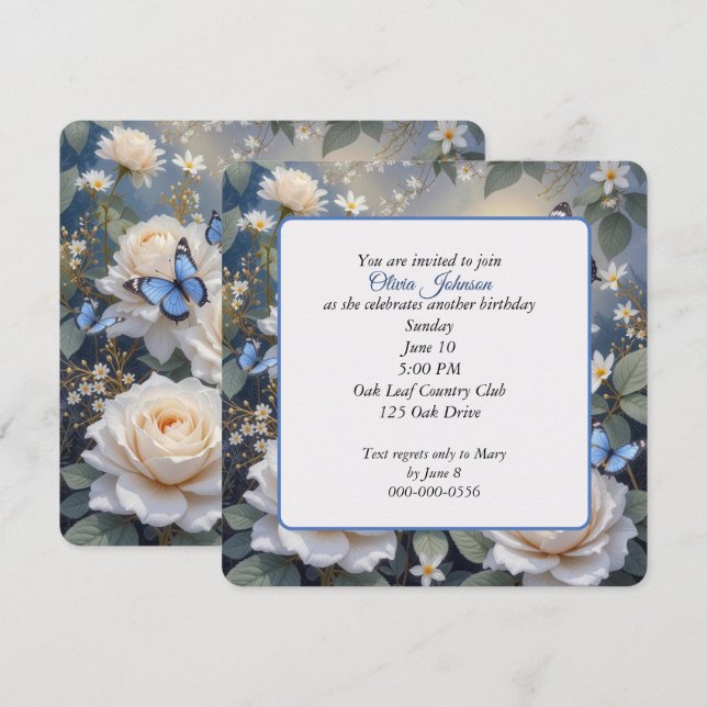 Invitation Papillons d'anniversaire sur des roses blanches et (Devant / Derrière)
