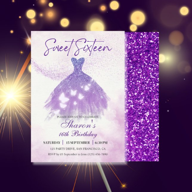 Invitation Papillons Danse Parties scintillant Robe violette  (Sweet Sixteen Butterflies Dress Party Invitation)