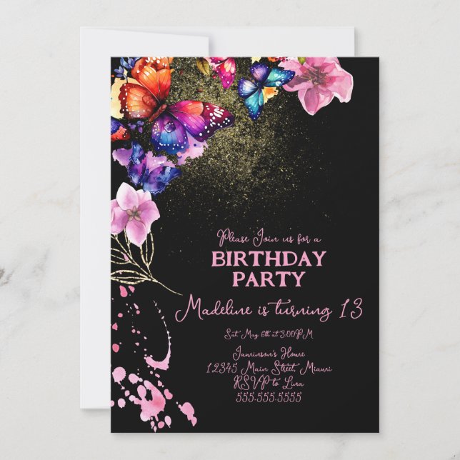 Invitation Papillons d'aquarelle en fleurs Anniversaire noir (Devant)