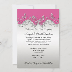 Invitation Papillons d'argent rose 25e anniversaire