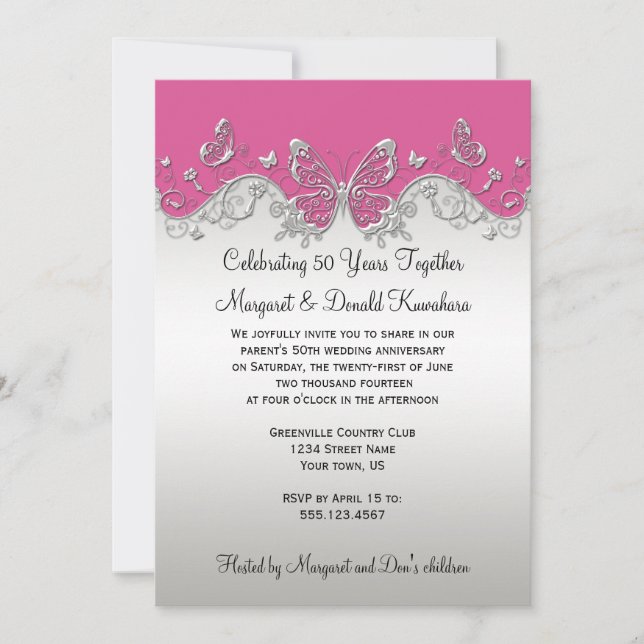 Invitation Papillons d'argent rose 25e anniversaire (Devant)