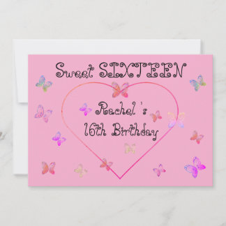 Invitation Papillons de coeur rose doux 16 Anniversaire