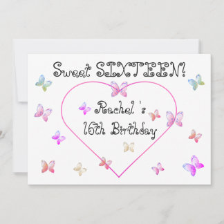 Invitation Papillons de coeur rose doux 16 Anniversaire