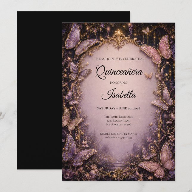 Invitation Papillons de fée roses de luxe Quinceañera (Devant / Derrière)