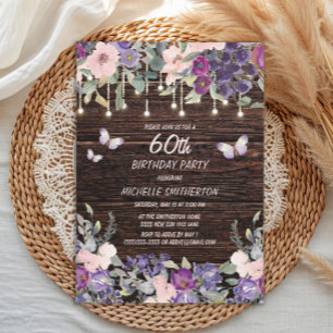 Invitation Papillons de fleurs rose pourpre Bois rustique 60e
