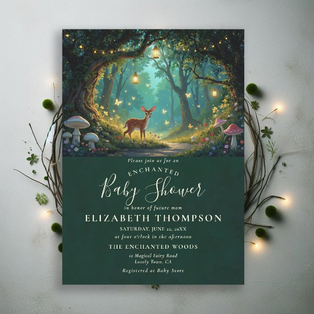 Invitation Papillons de la Forêt Enchantée Fête de Naissance  (woodland baby shower theme invite enchanted forest mushrooms lantern woodland deer emerald grove)