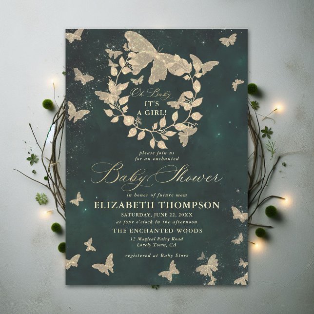 Invitation Papillons de la forêt enchantés Baby shower de ver (Enchanted Forest Emerald Green Greenery Butterflies Modern Calligraphy Baby Shower Invitation)