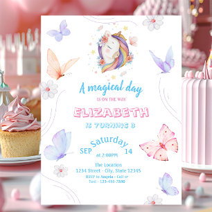 Invitation Papillons de licorne magiques Anniversaire rayé 