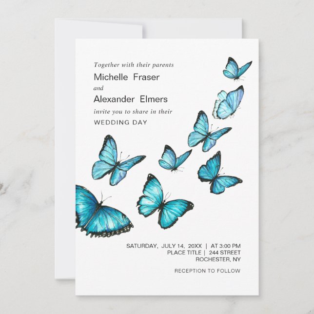 Invitation Papillons de luxe bleu. Elégant Mariage aéré (Devant)