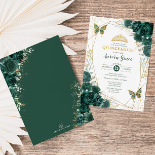 Invitation Papillons de Quinceañera Vert Émeraude Géométrique