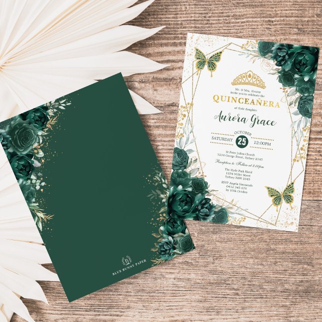 Invitation Papillons de Quinceañera Vert Émeraude Géométrique (Créateur téléchargé)